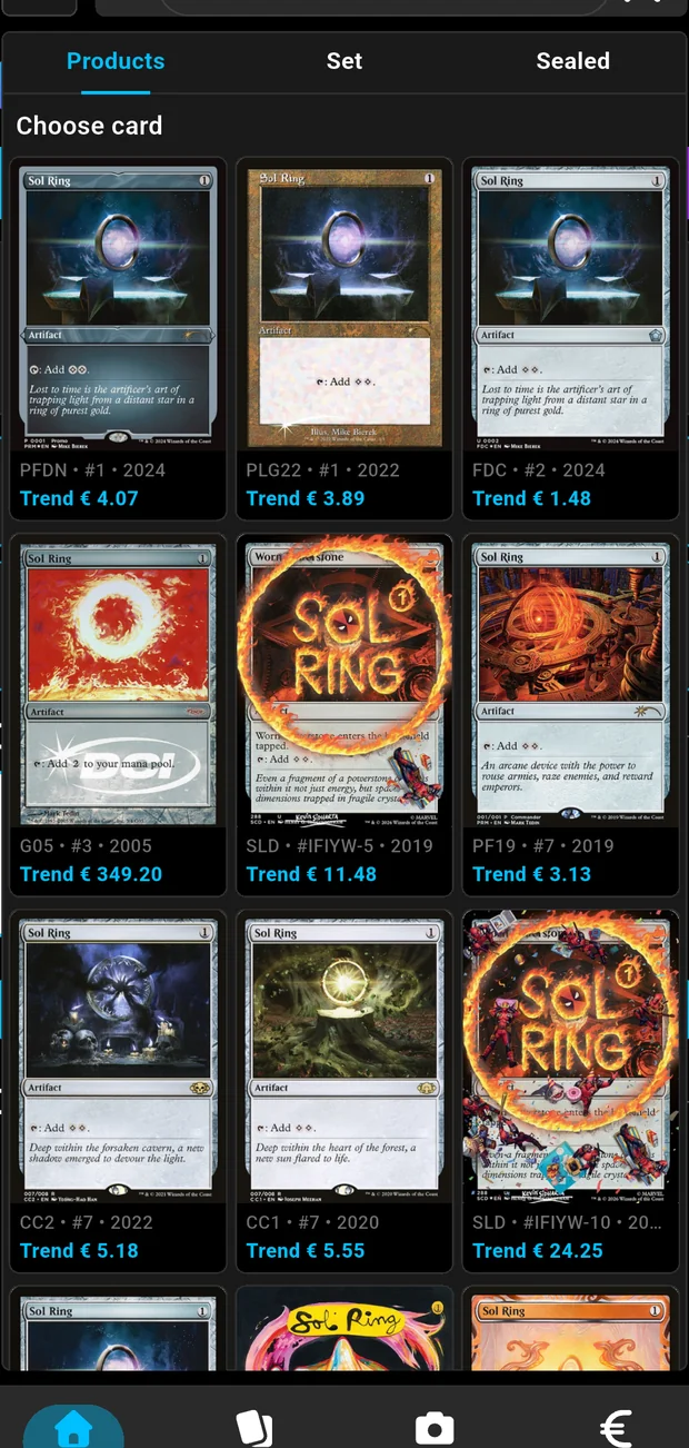 MintCards app: searching &ldquo;Sol Ring&rdquo; returns nine separate printings, each with its own set code, year and price — from &euro;1.48 to &euro;349.20.